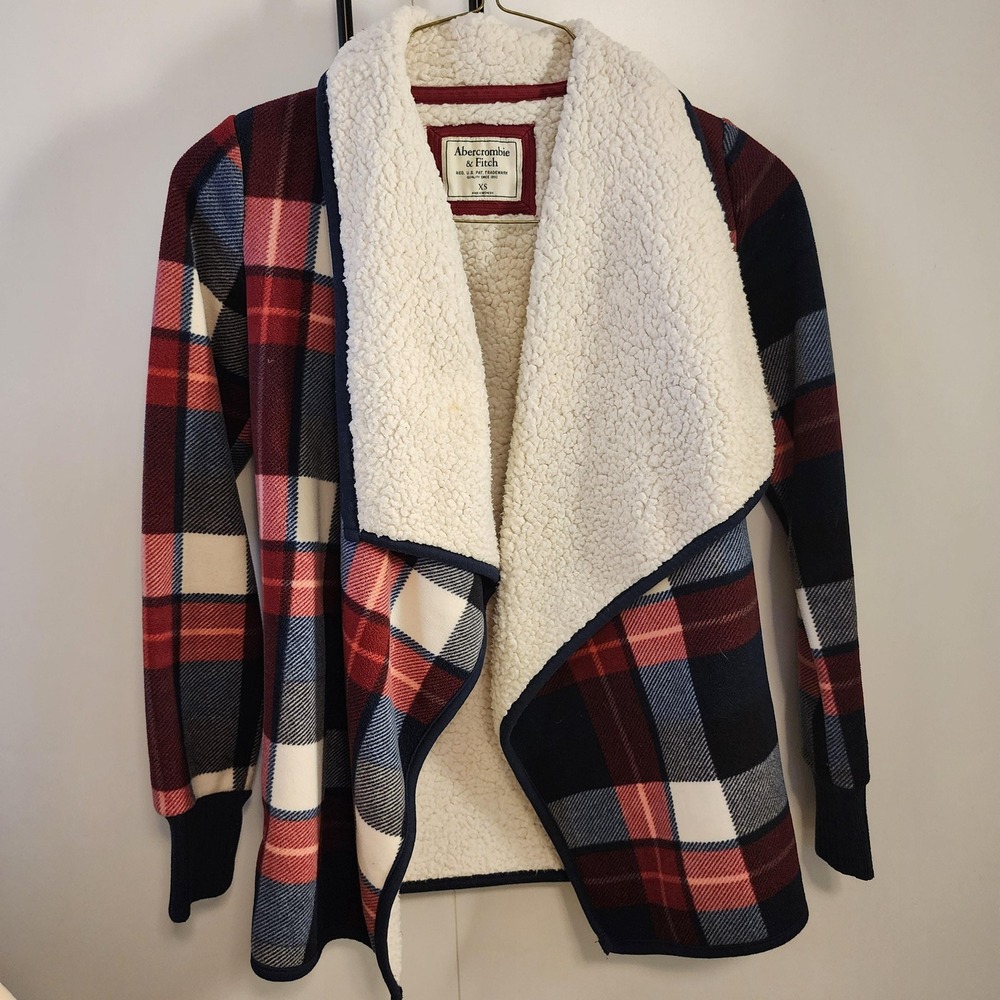 XS Abercrombie & Fitch Oversized Buffalo Plaid Sherpa Jacket open front